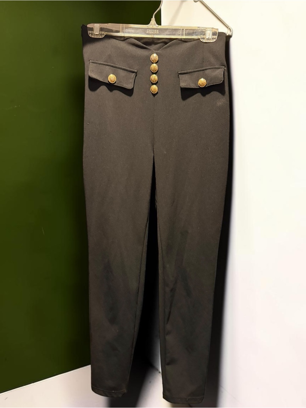 SHEIN Black Military Style Pants Gold Button Pockets Size M Skinny